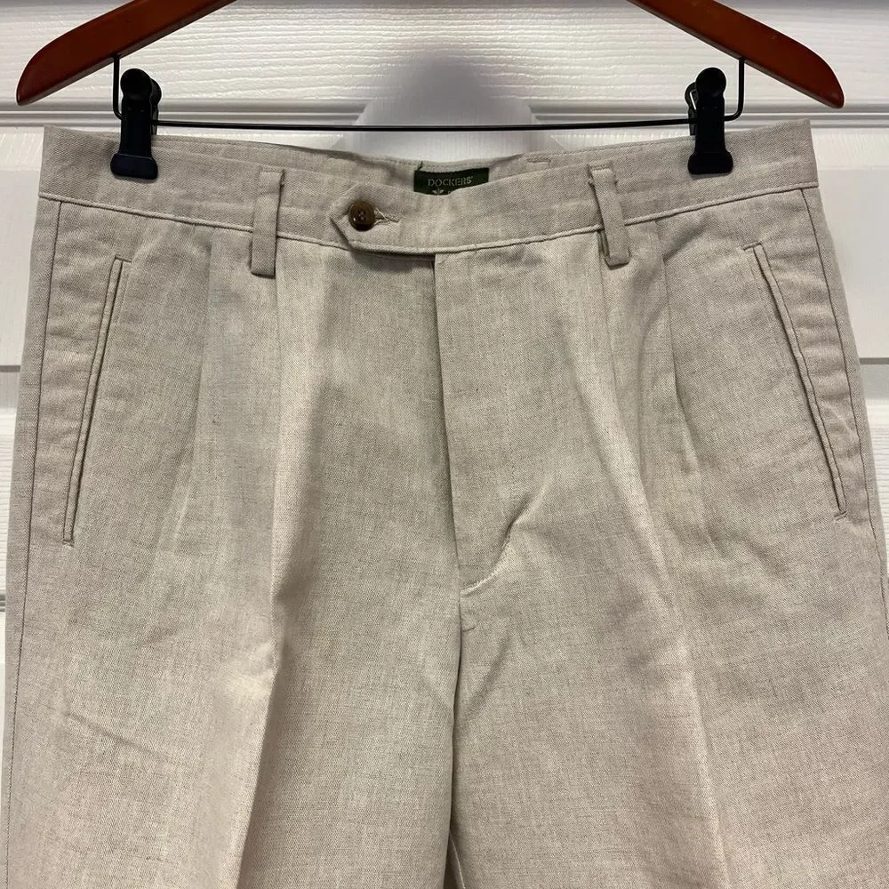 Dockers Class A Tan Linen Blend Cuffed Trousers sz 33X30
